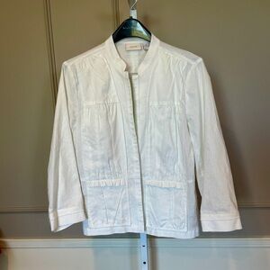 Chico's Jacket 2 Linen Blend White Ruffle Pockets Timeless Classic Casual